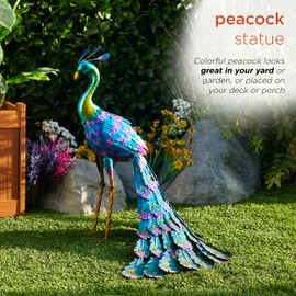 Alpine Corporation 28" Tall Outdoor Metallic Peacock Standing Yard Statue Decoration, Multicolor
