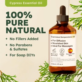 KUKKA Cypress Essential Oil for Skin Diffuser - 4 FL Oz - 100% Pure & Natural - Enhances Circulation and Relieves Tension, Aromatherapy & Candle Making