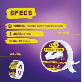 ATack Carpet Tape for Area Rugs and Carpets, Removable, 2 Inches x 20 Yards, Ideal for Stair Treads, Rugs, Carpets Over Carpets or Delicate Hardwood Floors