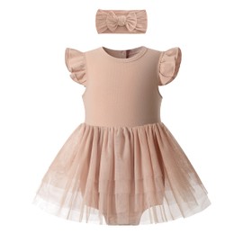 O2 BABY Organic Cotton Baby Girls Summer Tutu Dress Baby's Tulle Dresses Sleeveless Ruffle Romper Jumpsuit with Headband Outfit Set（3-6 Months, Sleeveless Rose