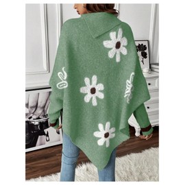 MakeMeChic Women's Poncho Sweater Turtleneck Knit Floral Asymmetrical Fall Sweaters Pullover Olive Green X-Small