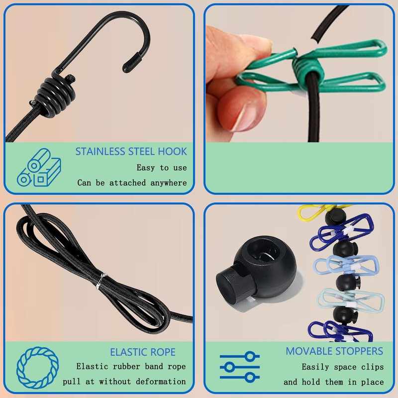 Retractable portable travel clothesline, including 12 clothespins, 13 positioning beads,