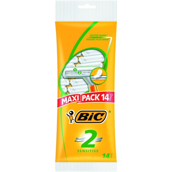BIC 2 Sensitive Men's Razors, Disposable Razors with Two Blades for a Close and Precise Shave, Pack of 14