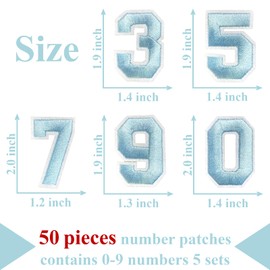 Number Iron On Patches, Numbers 0-9 Embroidery Applique Patch, DIY Decorative Heat Press Patches for Clothing Jeans Jackets Backpacks Hats (Light Blue 50 Pcs)