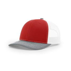 Richardson 112 Trucker Hat Snapback Cap Adjustable Baseball Hat Blank Hat Bulk Hats - Red/White/Heather Grey