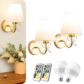 MESUZ Battery Operated Wall Sconces Lights Set of Two Remote Control, Antique Brass Bow Sconces Rechargeable Battery Powered Wall Lights Dimmable LED 2700K-6000K 16 Color Temperatures