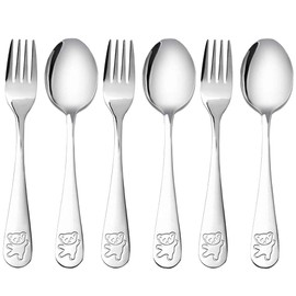 Haskoss Stainless Steel Child Safety Cutlery Bear Kids Spoon and Fork Set Infant Supplies Metal Cutlery Set Dishwasher Safe Service for 2