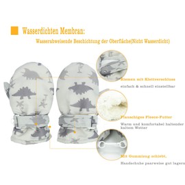 FORUHOO Children's Gloves Waterproof with Fleece Mittens for Unisex Baby Winter, Short: dinosaur iron grey