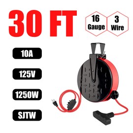 EP 30 Ft Retractable Extension Cord Reel, 16/3 SJTW Power Cord with 3 Electrical Outlets, Ceiling or Wall Mount, 10 Amp Circuit Breaker, Metal Plate, UL Listed, Red