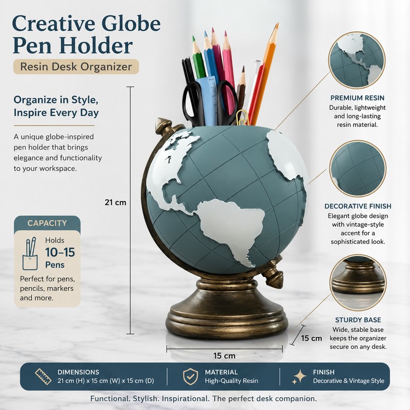 Globe Pen Holder for Desk Organization – Resin Geographic Pencil