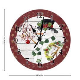 Let It Snow Snowman Wood Wall Clock Stars Vintage Red Wood Wall Clocks Winter Snowman Wall Clock Silent Non-Ticking Battery Operated Round Clock for Bedroom Kid Room 10inch