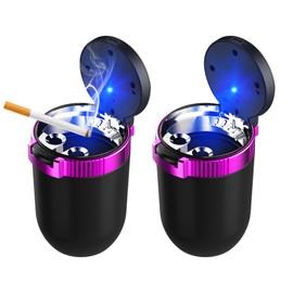 KVAEY 2 PCS Car Ashtray with Lid, Mini Portable Car Ashtray, Detachable Stainless Steel Smokeless Car Ashtray with LED Blue Light, Windproof Car Accessory for Travel Car Smokers (Purple)