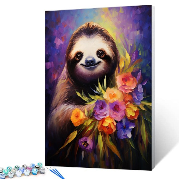 Tucocoo Funny Sloth Paint by Number for Adults, DIY Oil Painting Kits on Canvas with Brushes and Acrylic Pigment, Abstract Flowers Animal Hand-Painted Style for Home Decor 16x20 inch (Frameless)