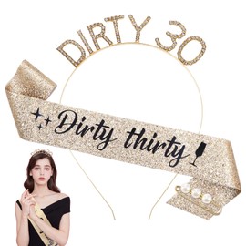 SOSPIRO Dirty Thirty 30th Birthday Headpiece Girl, Gold Birthday Crown Sash Crystal Tiara for Women Birthday Crown Princess Hair Accessories for Women Party Decoration Accessories