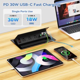 Recessed Conference Table Power Hub with 4 USB Ports,3AC TR Outlets, PD 30W USB-C PD Fast Charging, Metal Housing Flush Mounted for Desks, Kitchens, RVs, 6FT Power Cord