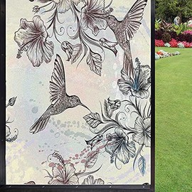 Hummingbird Frosted Window Film Window Film 3D,Birds and Hibiscus Flowers Nostalgia Antique Design Classical Print Window Film Privacy Decorative for Glass Door Home House Ofiice,Teal Brown 24" x 36"