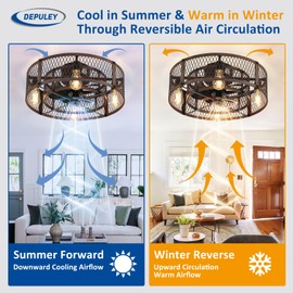 Depuley Flush Mount Ceiling Fan: 20" Caged Ceiling Fans with Lights and Remote App Control for Kitchen Bedroom Farmhouse - Rustic Low Profile Ceiling Fandelier Lights Reversible 6 Speed Timer Walnut