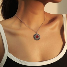 Inilbran Boho Sun Choker Necklace Silver Enamel Sun Necklace Choker Vintage Sunflower Pendant Necklace Red Ruby Crystal Sun Necklace Jewellery for Women and Girls, Zinc, No Gemstone