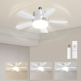 Socket Fan Light with Remote Control - 1700Lumen Socket Ceiling Fan with LED Light 3 Color 5 Brightness Dimmable, Screw in Light Bulb Ceiling Fan for Bedroom Living Room Kitchen Home Office Garage