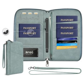 Family Passport Holder Wallet RFID Travel Document Organizer for Women Men, Portable Case Cover for Cards, Boarding Pass with Wrist & Neck Double Strap, Travel Essentials Gifts (Blue, 1pack)