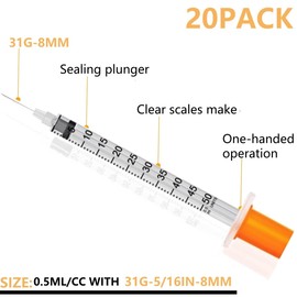1/2ML 31Gauge 5/16inch/8mm Disposable Dispensing Lab Supplies Individually Sealed Packaging, 20 Pack