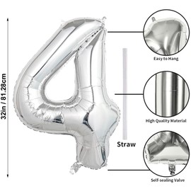 32 In Silver Large Numbers Balloons 0-9, Self Inflating Number 4 Balloons for Boys Girls, Big Silver Digit 4 Balloons for Women Men Birthday Party Anniversary Wedding Supplies Decorations