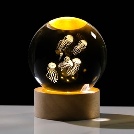 2.36in. 3D Jellyfish Crystal Ball Gifts for Women Girlfriend, K9 Crystal Decorative Ball Engraved Jellyfish Figurine Paperweight with LED Light Base for Home Office Decoration for Birthday Christmas