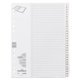 Durable 616002 Index Dividers A4 Vertical Format with NumbeRed Tabs 1 - 31 and Universal Punched Spine Full Cover Polypropylene White