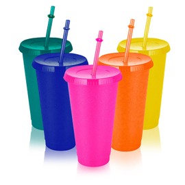 xocome 5 PCS Plastic Cups with Lids & Straws, 24OZ Reusable Colourful Glitter Cups Cold Cups Set Travel Cups for Cold Drinks Iced Coffee Cups for Parties