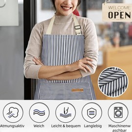 Thougthings Striped Apron, Cooking Aprons for Men and Women, Adjustable Aprons with 2 Large Pockets, Perfect for Chefs, Kitchen, Cafés, Grills, blue, M