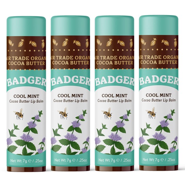 Badger - Cocoa Butter Lip Balm, Cool Mint, Certified Organic Lip Balm, Fair Trade, Lip Butter, Lip Balm Cocoa Butter, Cocoa Care Lip Balm, 0.25 oz (4 Pack)