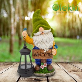 Olekki Garden Gnomes Outdoor - Flocked Gnome Statue Holding Lantern with Solar LED Lights | Gnomes Garden Decorations for Patio, Yard, Lawn Ornaments - Gnome Gifts