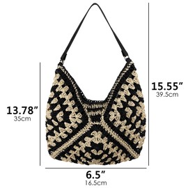 DODAMOUR Large Straw Shoulder Bag for Women, Woven Tote with Lining and Magnetic Closure, Lightweight Summer Beach Bag for Travel, Casual Outings (Black, White)