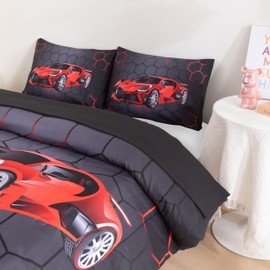 Podol 3 Pieces Race Car Comforter Set Full Size Red Sports Car Bedding Sets for Boy 3D Geometric Bed in a Bag Kids Extreme Sports Theme Quilt Set