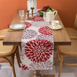 Table Runner Christmas Modern Boho Red and Grey Dahlia Long Tablecloth Washable Linen Table Linen 33 x 183 cm Farmhouse Rustic Holiday Decoration for Kitchen Dining Table Decoration