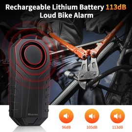 WSDCAM 113dB Wireless Bike Alarm with Remote, Rechargeable Bicycle Alarm System Anti Theft, IP65 Waterproof, 3 Volume Bike Alarms for E-Bikes, Motorcycles, Scooter, Outdoor Riding and Cycling Safety