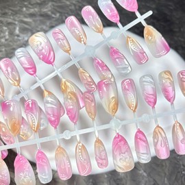 MouyouGlow 30 Pieces Press on Nails Kurz,Almond Gradient Rosa 3D Bubble Blumen Floral Fantasy Cat Eye Magnetic Y2K Fake Nails mit Nagelkleber,Ombre Pink Phototherapy INS Künstliche Fingernägel