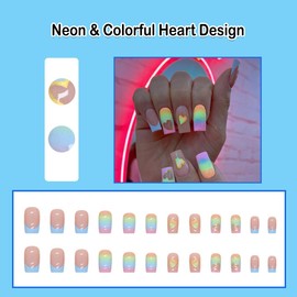ANDGING Neon Square Press on Nails Short Medium Glue on Nails for Women Fantasy Fake Nails with Colorful Heart Designs Artificial Stick on Nails Gel Manicure Acrylic False Nails for Wedding