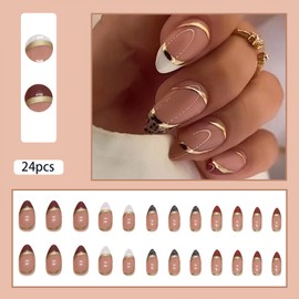 Short Almond Press on Nails Gold Line Fake Nails Glossy Red French Tip Artificial Acrylic Nails Leopard Stick on False Nails Glue on Nails 24 pcs
