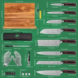 FULLHI 15pcs Japanese Knife Set with Magnetic Knife Block Holder, Premium German Stainless Steel Kitchen Knife Set