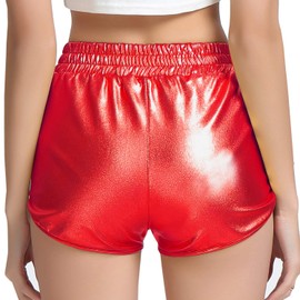 Perfashion Pantalones cortos metálicos brillantes para mujer, Rojo -, S