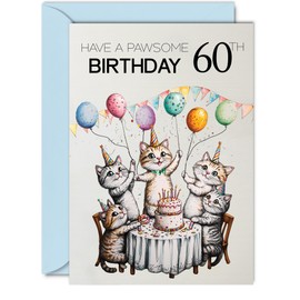 60th Birthday Card for Men Women - Pawsome Party Cats Balloons - Happy Birthday Cards for 60 Year Old Man Woman, A5 Cat Bday Greeting Cards