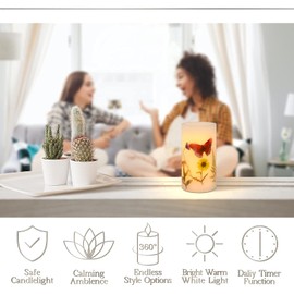 Holitown Flickering Candle, Flameless LED Candle D3.25 x H6, Butterfly Battery Powered Candle Real Wax Pillar with Timer Fuction
