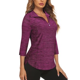 Cucuchy Workout Tops for Women 3/4 Sleeve,1/4 Zip Golf Tennis Shirts Moisture Wicking Yoga Outdoor Sports Clothes Casual UPF 50+ Clothing Purple Red XL