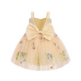 IBTOM CASTLE Baby Flower Girl Floral Embroidery Pleated Tulle Tutu Dress Elegant Bowknot V Back Toddler Birthday Party Pageant Formal Baptism Easter Dresses Champagne-Floral 3-4 T