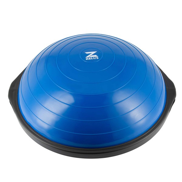 ZELUS 25in. Balance Ball | 1500lb Inflatable Half Exercise Ball Wobble Board Balance Trainer w Nonslip Base | Half Yoga Ball Strength Training Equipment w 2 Bands, Pump, Extra Ball Included (Blue)