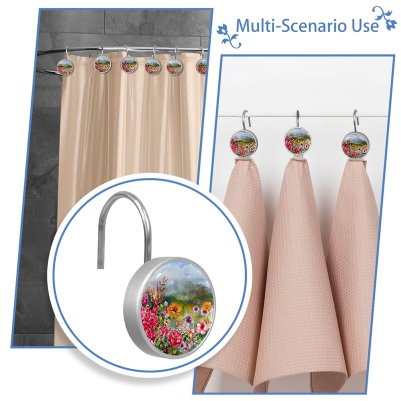Flower Rose Spring Floral Decorative Shower Curtain Hooks Rings Set