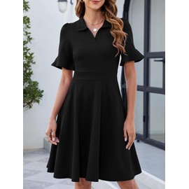 Black Dresses for Women Summer Ruffle Sleeve Fit and Flare Knee Length Vintage Classy Ladies Flattering Cocktail Sunday Church Modest Teacher Business Casual Office Work Dress with Pockets S