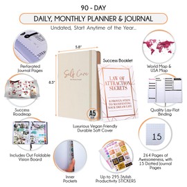 Self Care Journal - 5 Minute Mental Health & Manifestation Journal | 90-Day Undated Daily Planner for Positivity, Affirmations & Gratitude | Guided Mindfulness, Reflection | Vision Board + Stickers