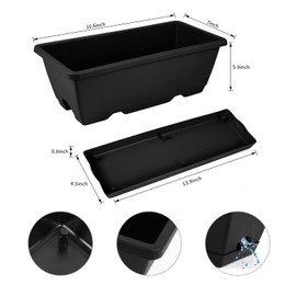 8pcs Window Box Planter,17 Inches Flower Window Boxes,Rectangle Planters Box with Drainage Holes and Trays, Plastic Vegetable Planters for Windowsill Patio Garden Home Decor Porch Yard (Black)